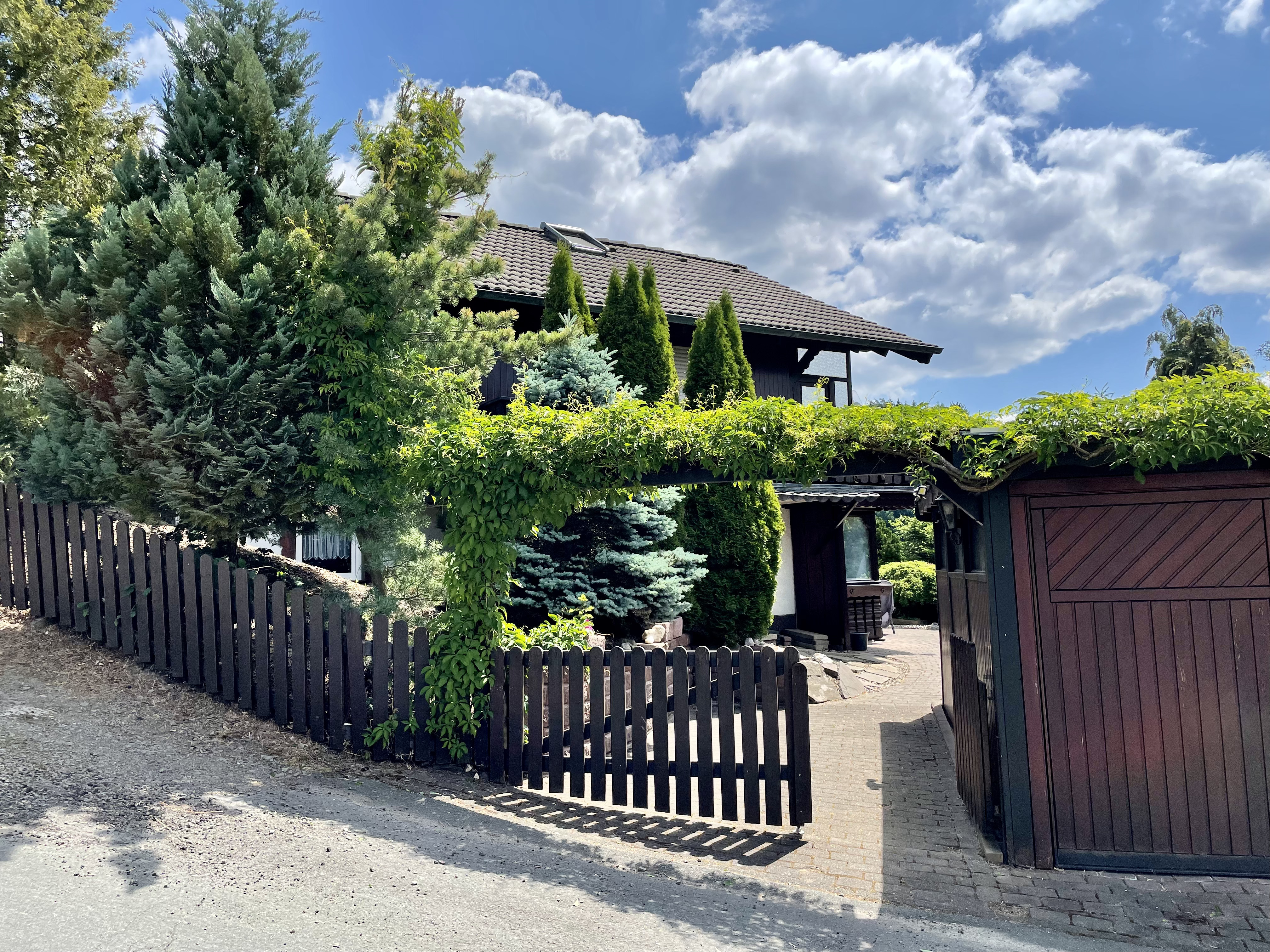 Außenansicht mit Zufahrt und Carport