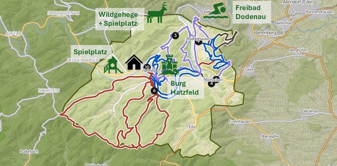 Wanderkarte Hatzfeld – Wanderwege, Wildgehege, Spielplatz und Burg Hatzfeld